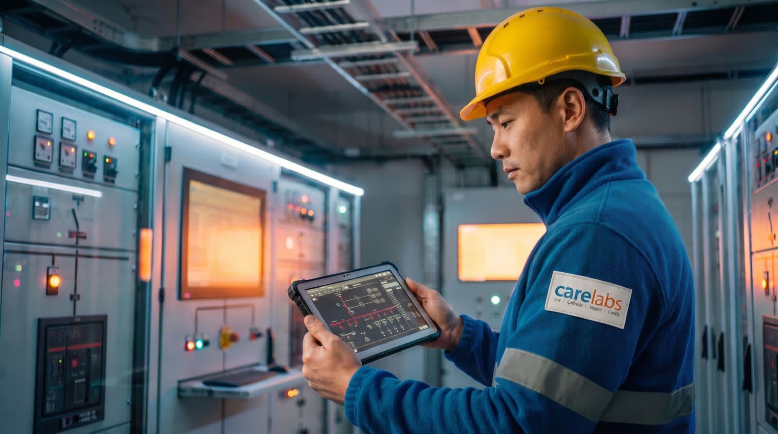 Carelabs power systems engineer reviewing load flow and switchgear data in a Singapore facility control room