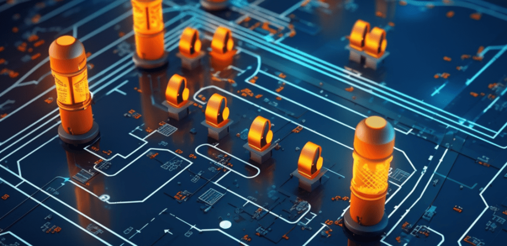 Digital representation of an advanced electrical power system circuit highlighting performance and risk analysis