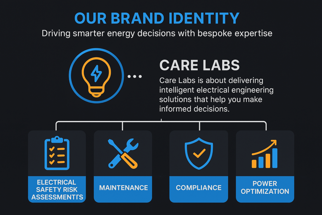Infographic of Care Labs' brand identity featuring an engineer and icons for electrical safety, compliance, maintenance, and power optimization.