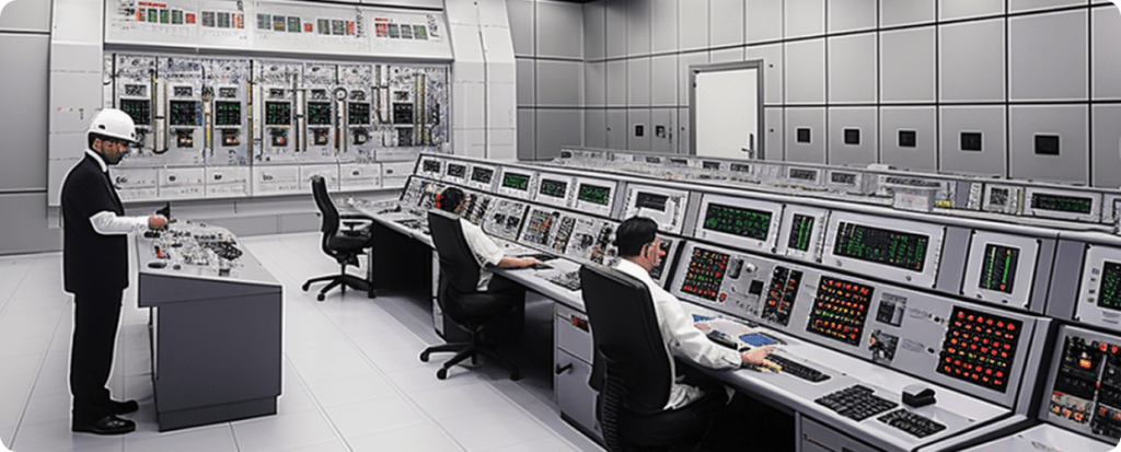 Engineers operating a high-tech power systems control room with advanced monitoring equipment and safety gear.