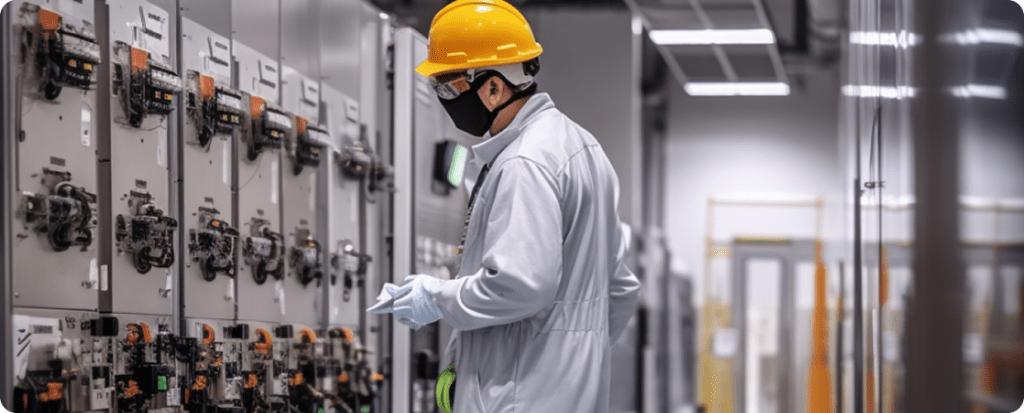 Electrical safety inspector in PPE assessing switchgear panels for compliance and workforce safety in an industrial facility.