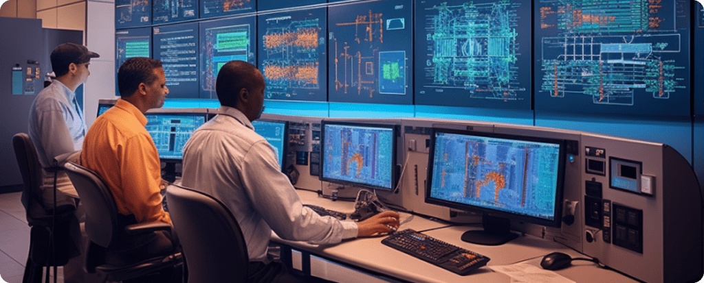 Three engineers monitor complex electrical system data on large digital control screens inside a high-tech command center, ensuring system quality and compliance.