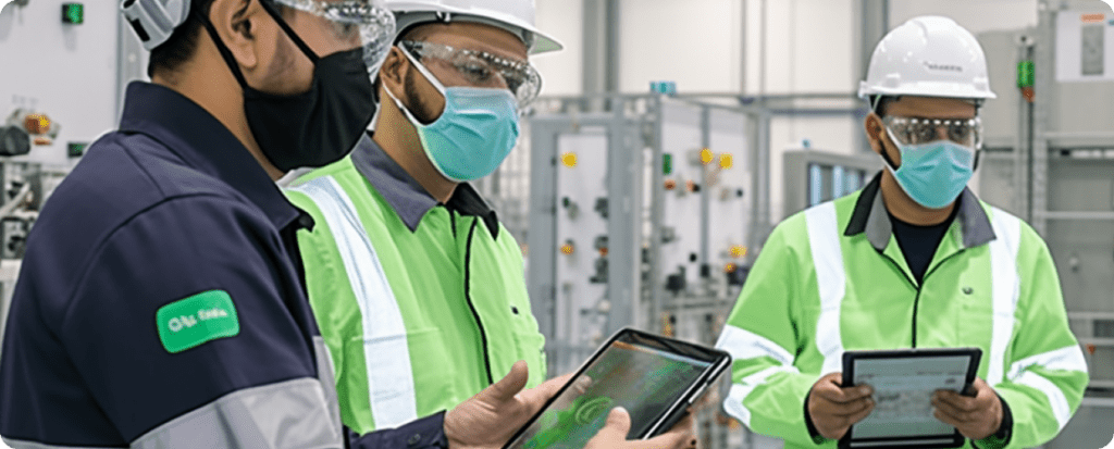 Electrical safety professionals in PPE using digital tablets during a compliance inspection at an industrial power facility in the UAE.