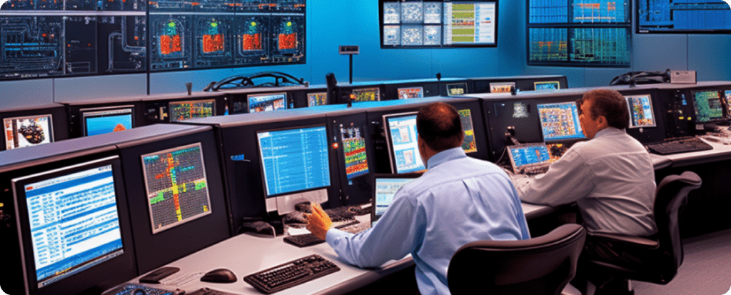 Engineers monitoring complex data systems in a modern power operations control room with multiple digital dashboards.
