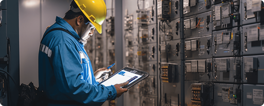 Engineer in a yellow hard hat conducting electrical inspection and certification using a digital tablet in front of industrial control panels.