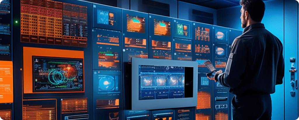 Engineer in a futuristic control room analyzing complex energy data on multiple high-resolution digital displays for power quality and grid optimization.