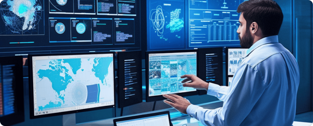 Engineer analyzing global energy data on high-tech multi-screen setup in a modern power system operations center.