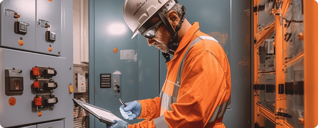 Electrical safety inspector in orange PPE reviewing system data on a digital tablet during a compliance and risk assessment in a control room.
