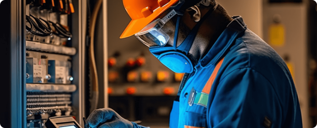 Electrical engineer conducting power system analysis using a tablet, inspecting control panel at an industrial facility in full PPE.
