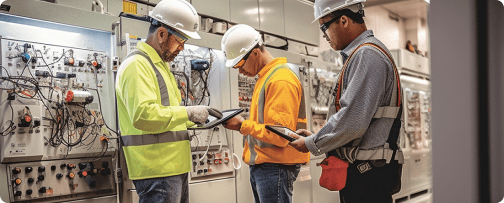 Three electrical engineers in safety gear analyzing control panels and digital tablets inside an industrial power system facility.