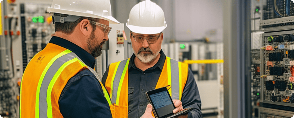 Two engineers in reflective vests and hard hats reviewing electrical testing data on a tablet beside an industrial control panel.