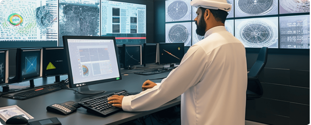 Engineer in traditional Emirati attire analyzing energy systems on digital control interfaces aligned with DEWA and smart city strategies.