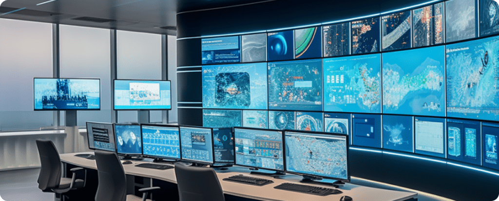 High-tech control room with digital interfaces for monitoring smart infrastructure and renewable energy systems in real time.