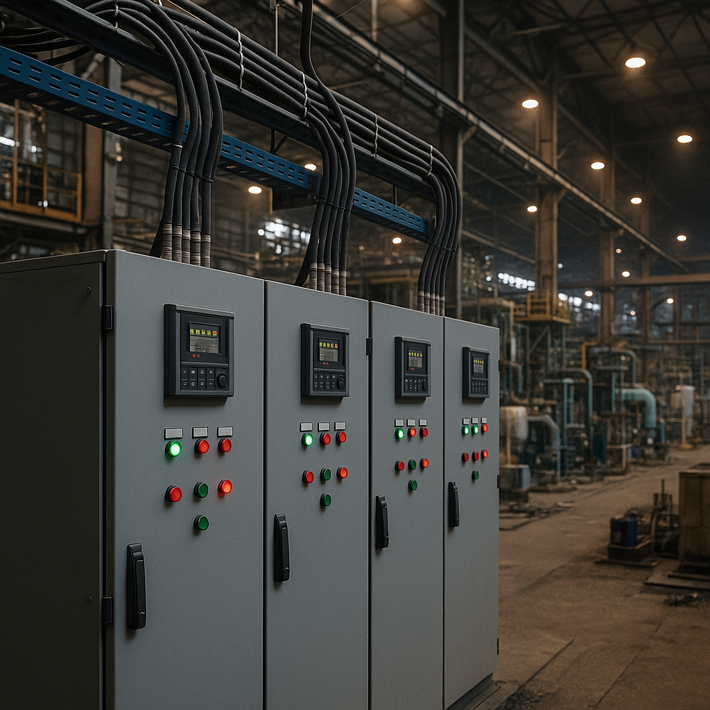 Industrial electrical control panels with indicator lights and cable connections in a manufacturing facility.