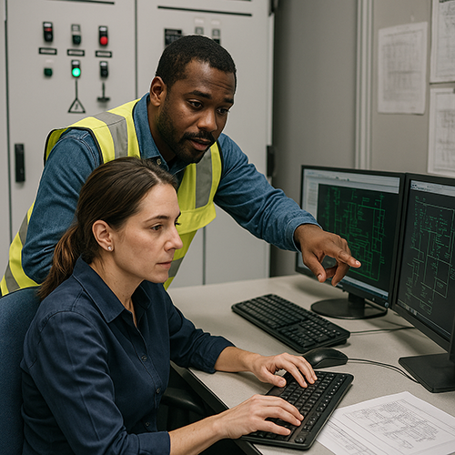Engineers analyzing electrical schematics on dual monitors in a control room.