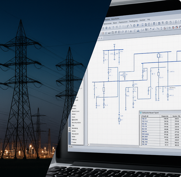 Electrical engineers analyzing power system simulations on ETAP software in a modern control room, illustrating complex data modeling and risk assessment.
