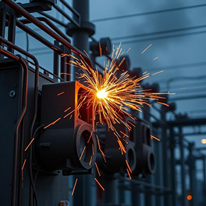 Electrical equipment sparking with bright orange flashes in an outdoor substation during a fault event.