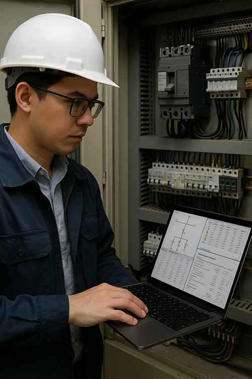 Engineer analyzing electrical load data on a laptop in front of an open circuit breaker panel.