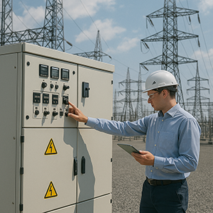 Electrical engineer operating a control panel at a high-voltage substation with transmission towers in the background.