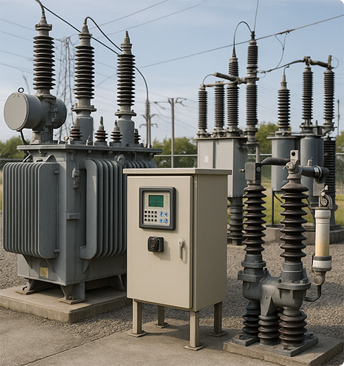 Outdoor electrical substation with power transformers, circuit breakers, and a control panel.