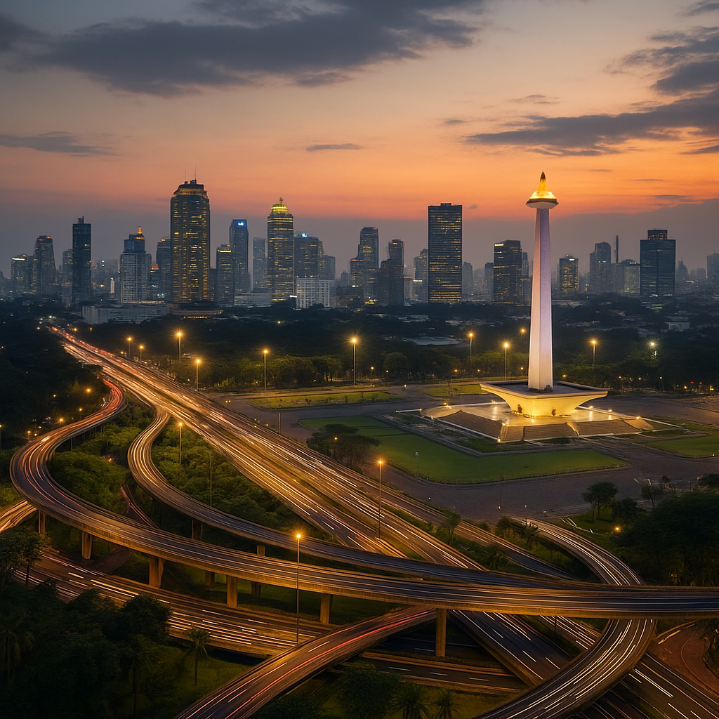 Aerial view of Jakarta at dusk with the National Monument (Monas) illuminated and highways filled with light trails from vehicles.