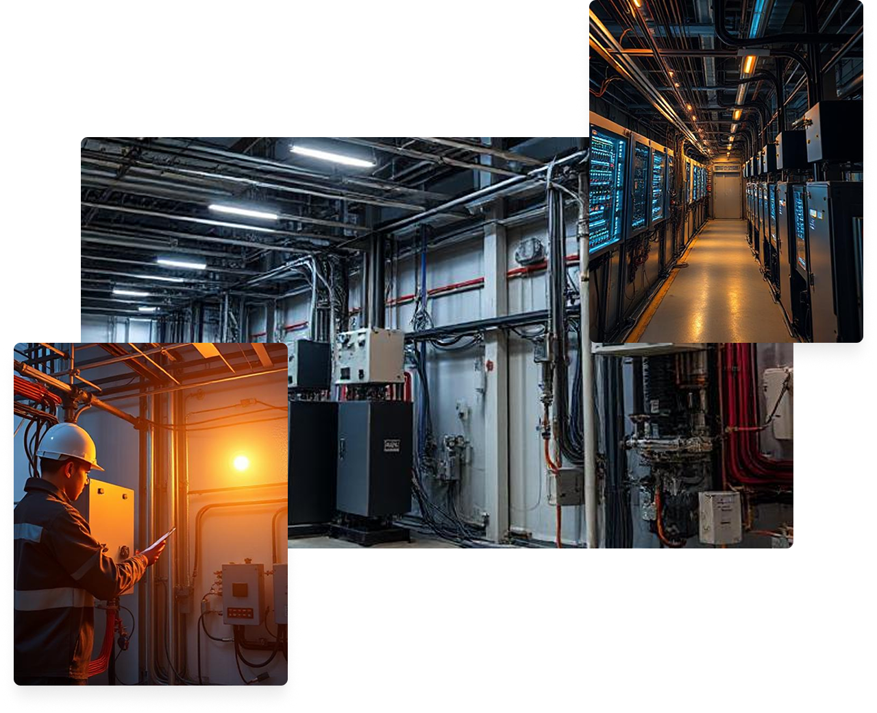 An engineer analyzing a digital power system interface, with overlay data visualizations representing electrical safety, compliance, and sustainable solutions in an industrial setting.