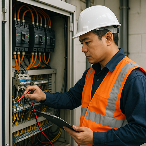 Electrical technician inspecting circuit breakers with a multimeter in a power distribution panel.
