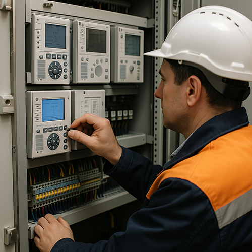 Electrical engineer adjusting a protection relay inside a control panel.