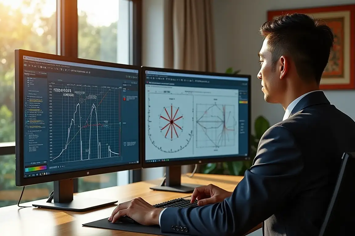 Engineer using ETAP load flow analysis for optimal power efficiency.