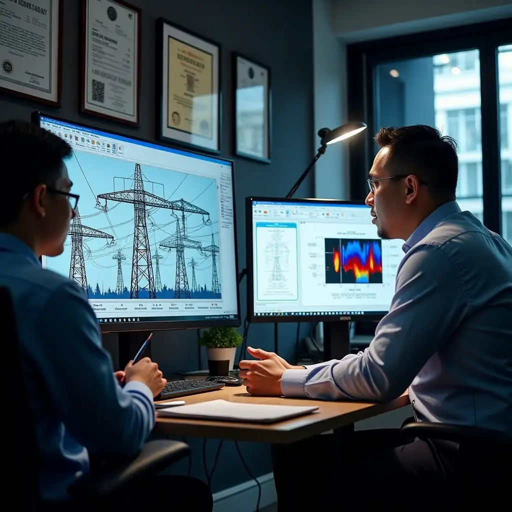 Engineer analyzing load flow data for safe power distribution.
