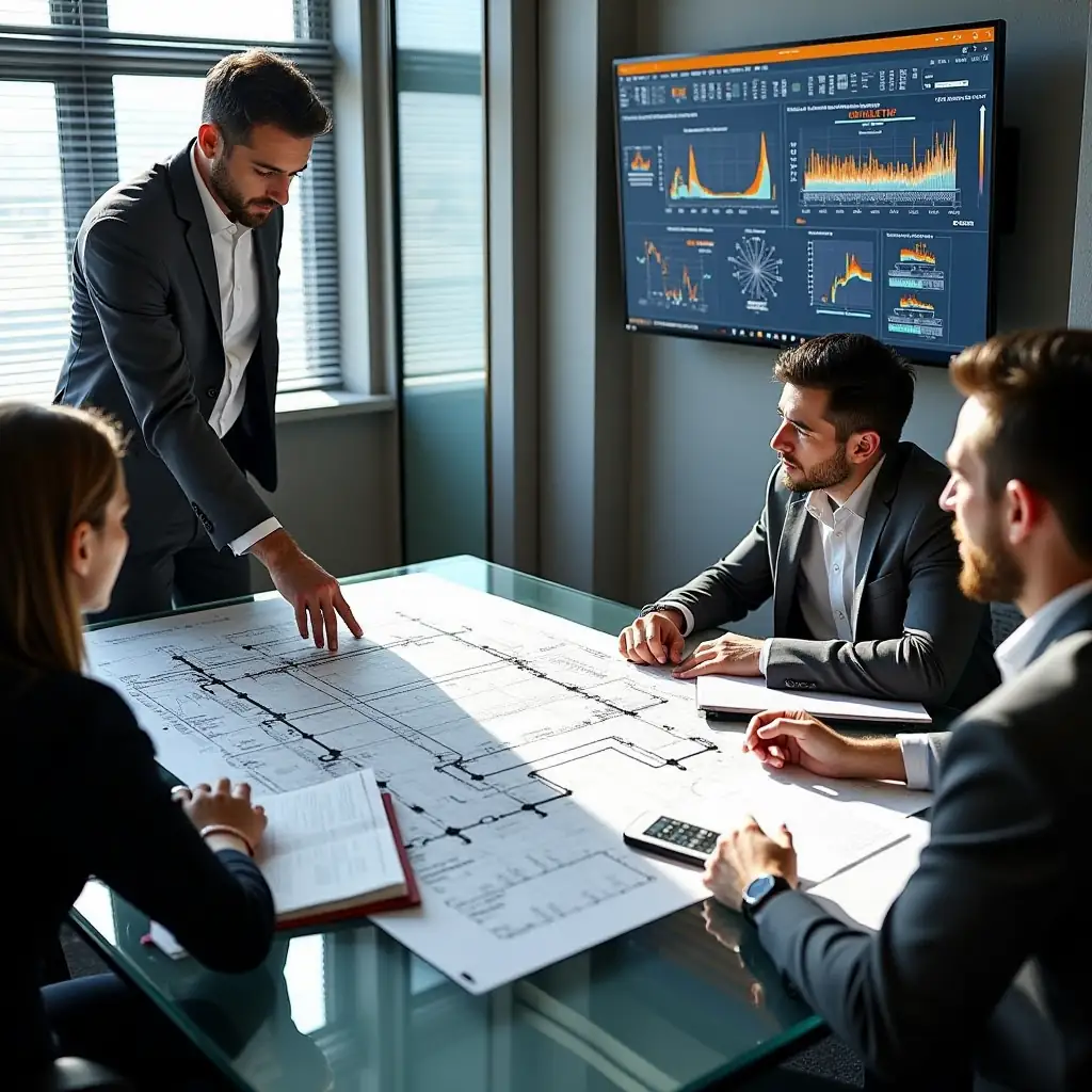 Engineers analyzing power flow data with ETAP.