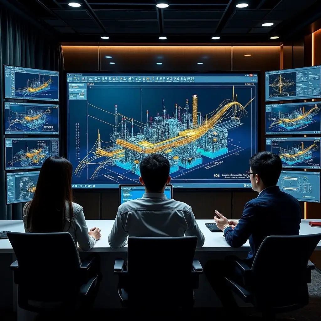 Engineers using ETAP to analyze relay coordination with a 3D power system model