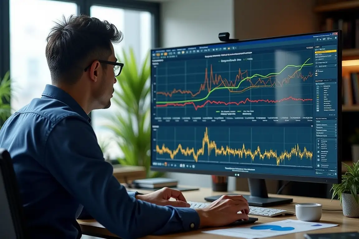 Engineer analyzing short circuit data in power system room.
