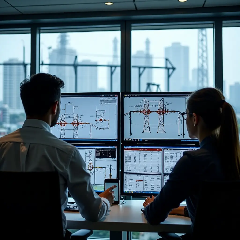 Engineers analyzing power grid risks using ETAP.