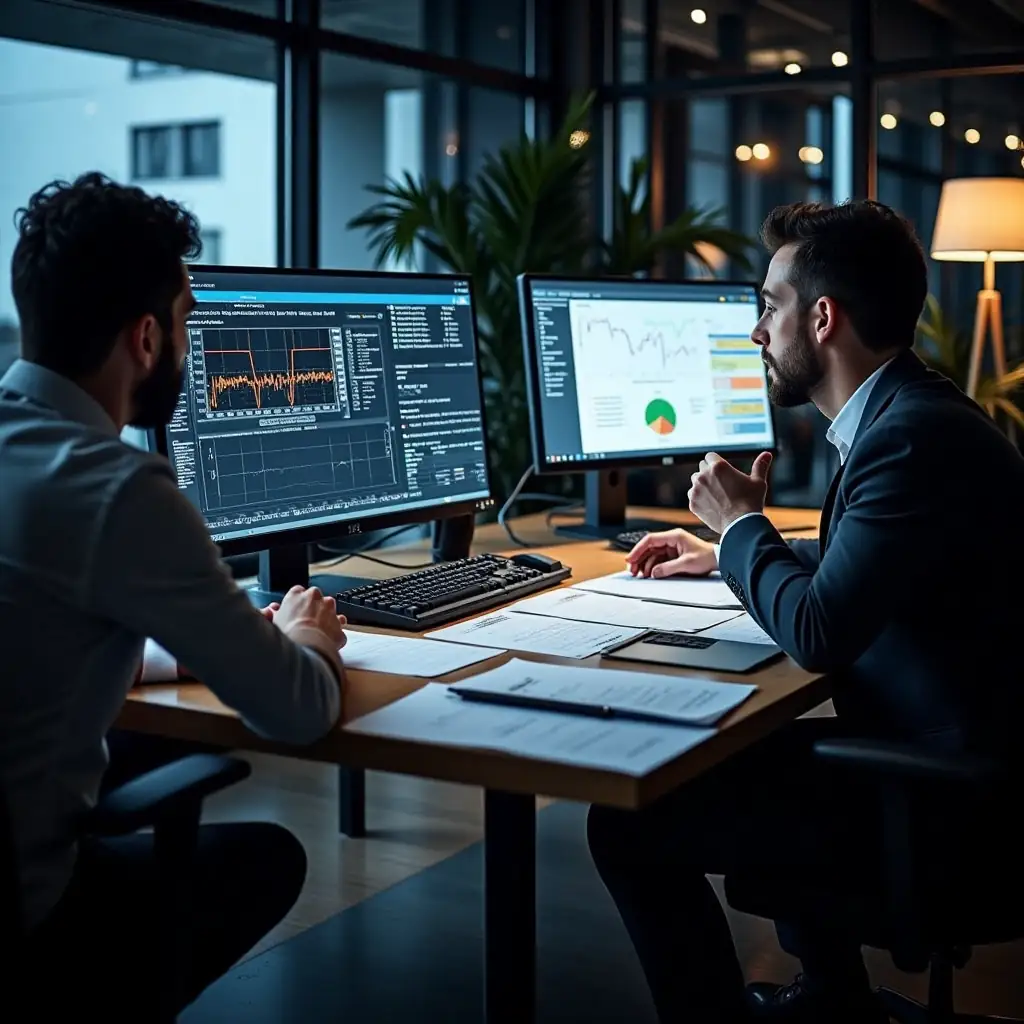 Engineers discussing short circuit analysis for safety compliance.