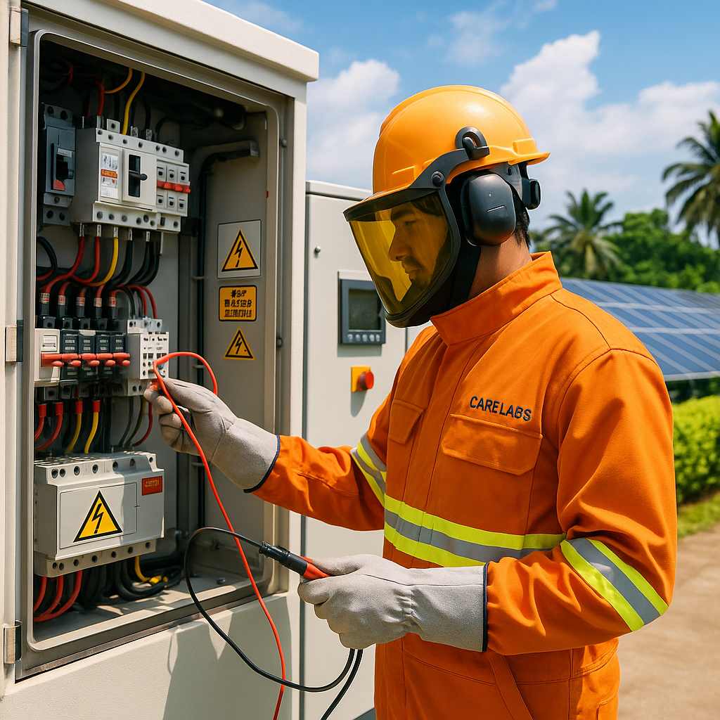 Electrical technician in arc flash PPE using a multimeter to test a live electrical panel near a solar power system.