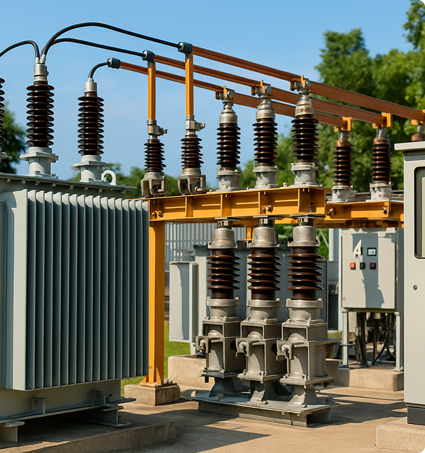 Outdoor electrical transformer installation with surge arresters, busbars, and a Carelabs-branded control panel.