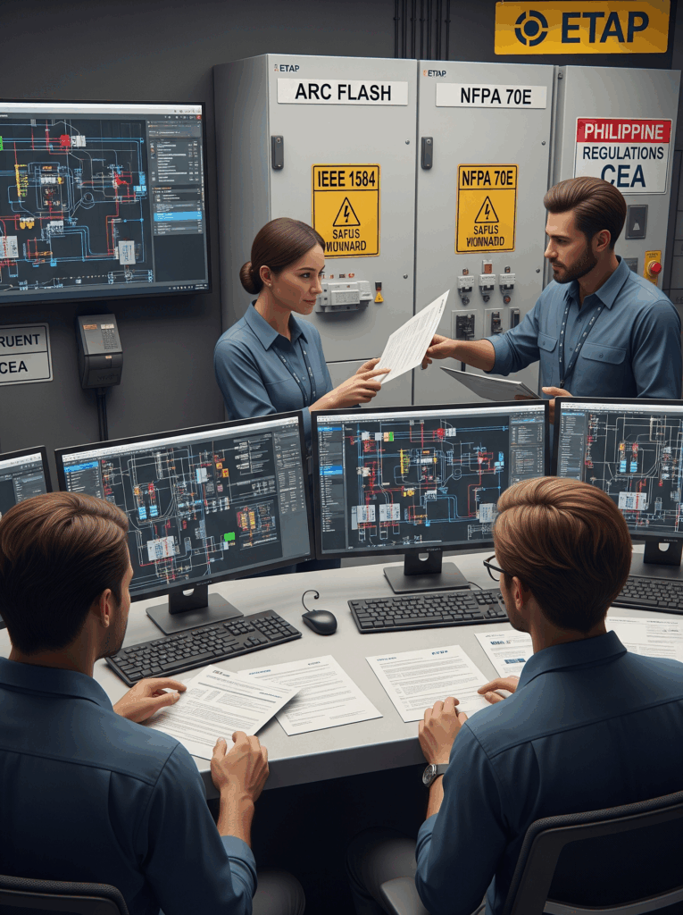 Engineers performing arc flash analysis using ETAP software and electrical schematics in a control room adhering to IEEE, NFPA 70E, and Philippine regulations.