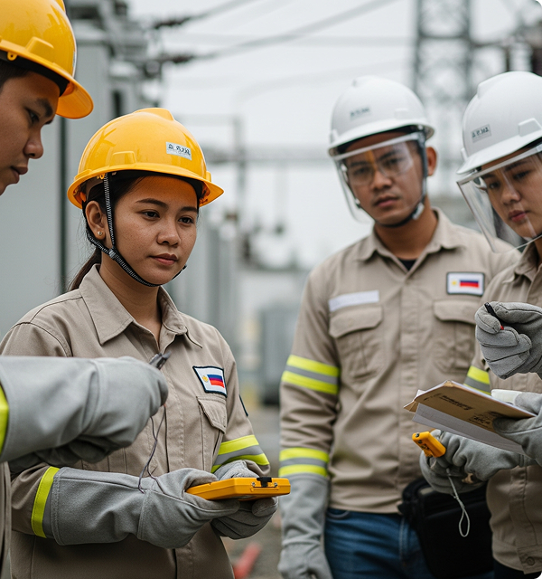 Electrical engineers in protective gear conducting a field safety inspection and equipment check at a substation in the Philippines.