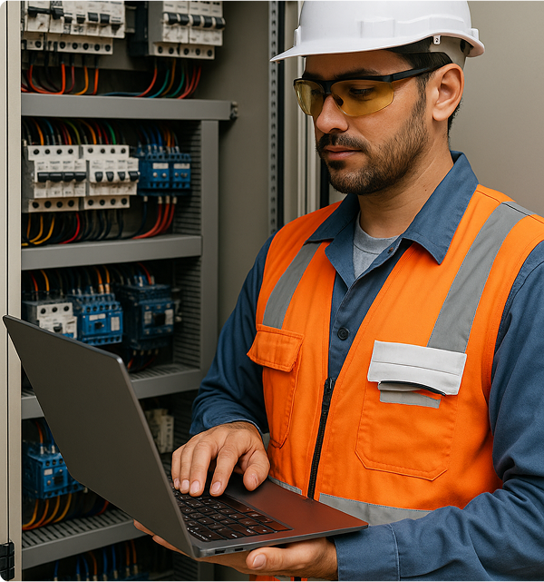 Electrical engineer using a laptop while inspecting a circuit breaker panel in an industrial facility.