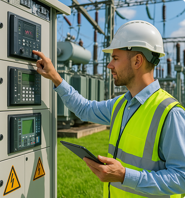 Electrical engineer using a digital relay control panel at an outdoor substation while holding a tablet.