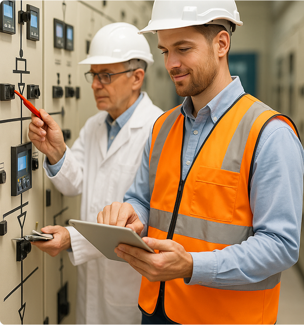 Electrical engineers inspecting switchgear controls and reviewing system data on a tablet in a control room.