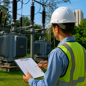 Engineer in a hard hat and safety vest inspecting power transformers at a substation while reviewing electrical schematics on a clipboard.