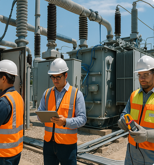 Engineers in safety gear conducting transformer inspection and testing at an outdoor electrical substation.