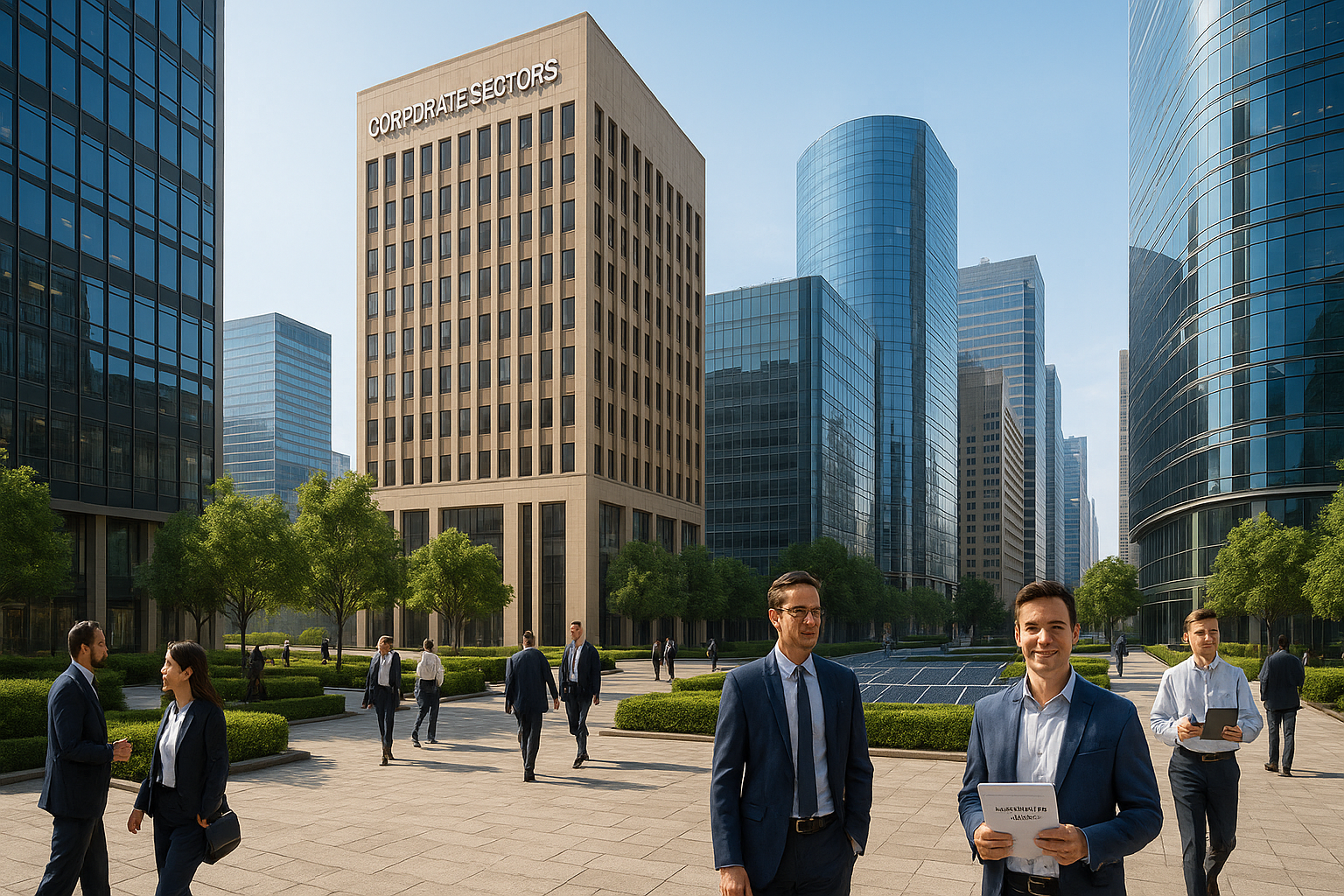 Business professionals walking and conversing in a modern corporate plaza surrounded by high-rise buildings labeled "Corporate Sectors."
