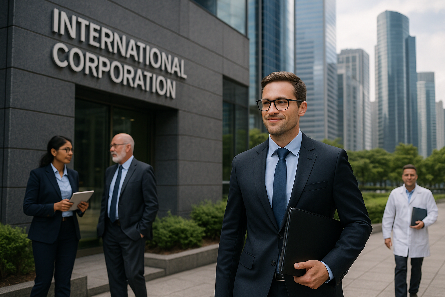 Business professionals in formal attire outside an international corporate headquarters in a modern cityscape.