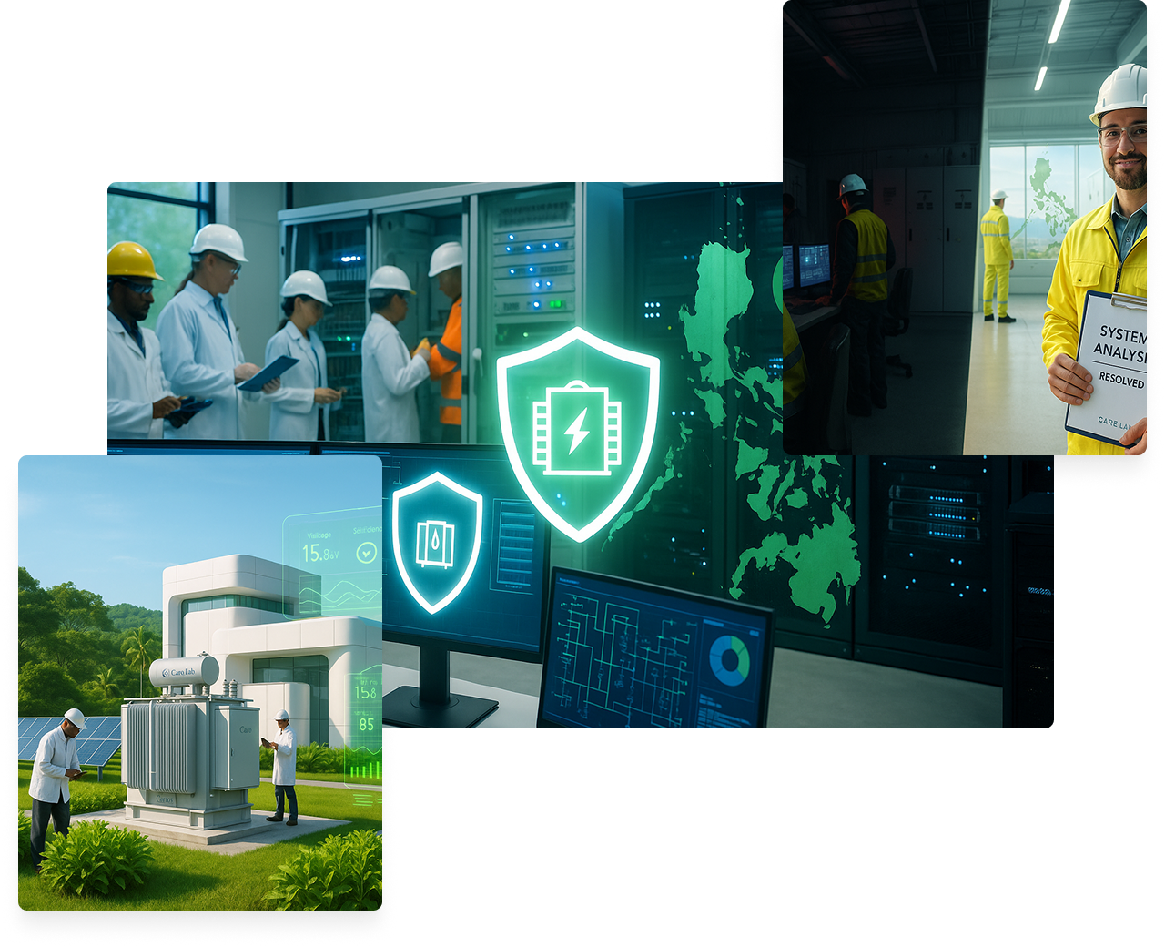 Engineers conducting electrical system analysis, transformer inspections, and control room operations with overlay graphics of data and the Philippines map.