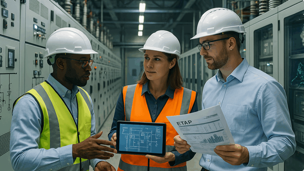 Engineers wearing safety gear reviewing ETAP analysis and electrical schematics in a control room.