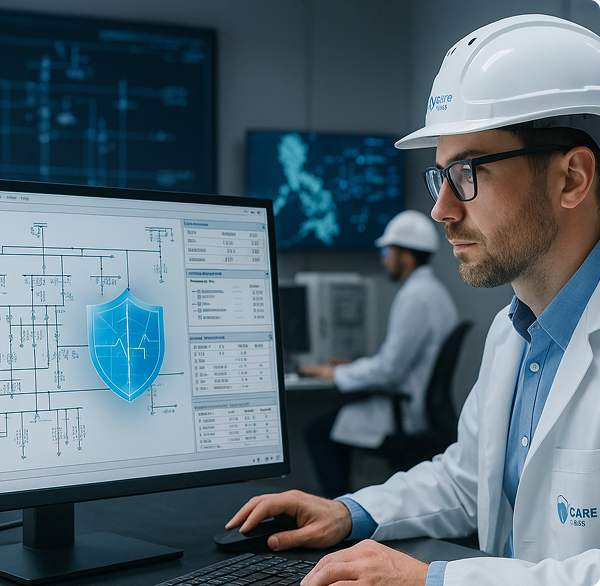 Engineer analyzing digital power system protection diagrams on a monitor in a modern control center.