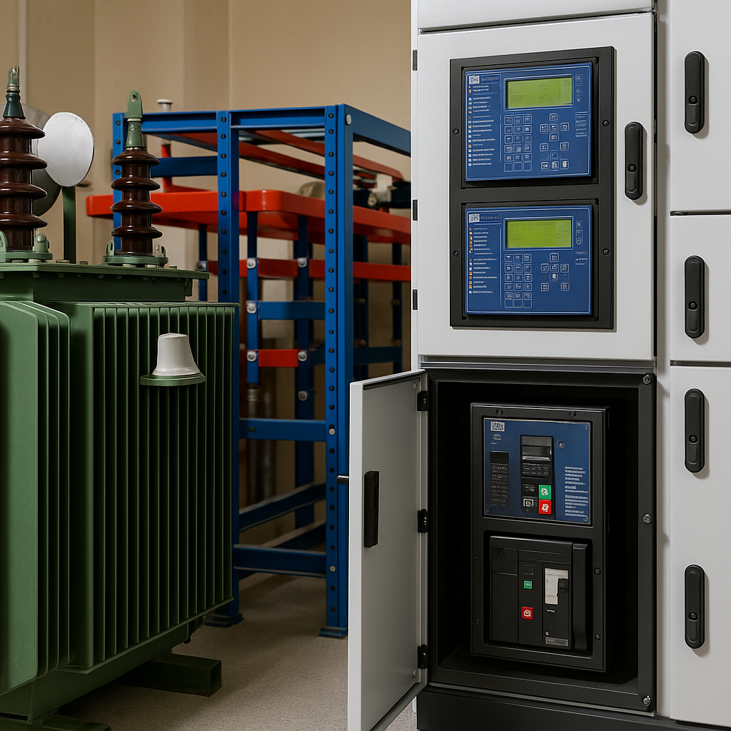 Electrical room with a power transformer, control relays, and circuit breaker panels installed for protection and monitoring.